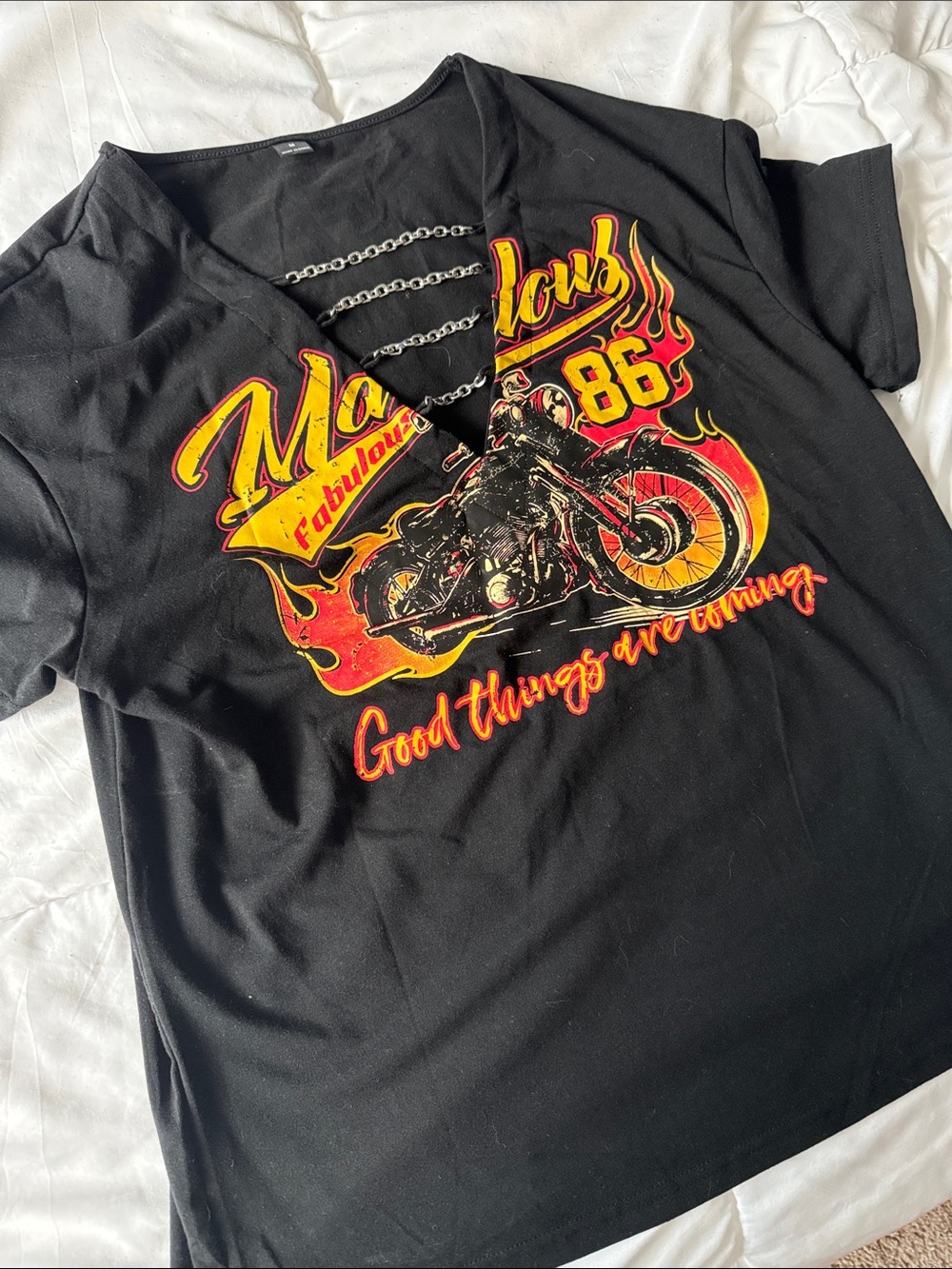 Black Motorcycle Graphic Tee with Chain Detail - Yellow & Red Flames